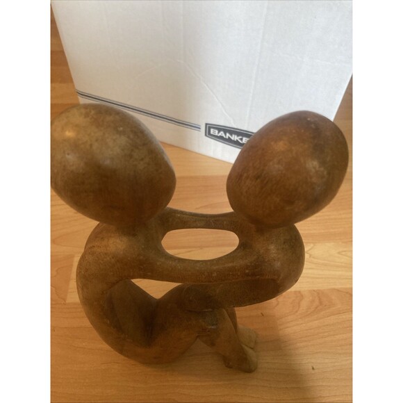Hand-Carved Wooden Sculpture Mother and Child Embrace Abstract Figurine 11” - Picture 3 of 9